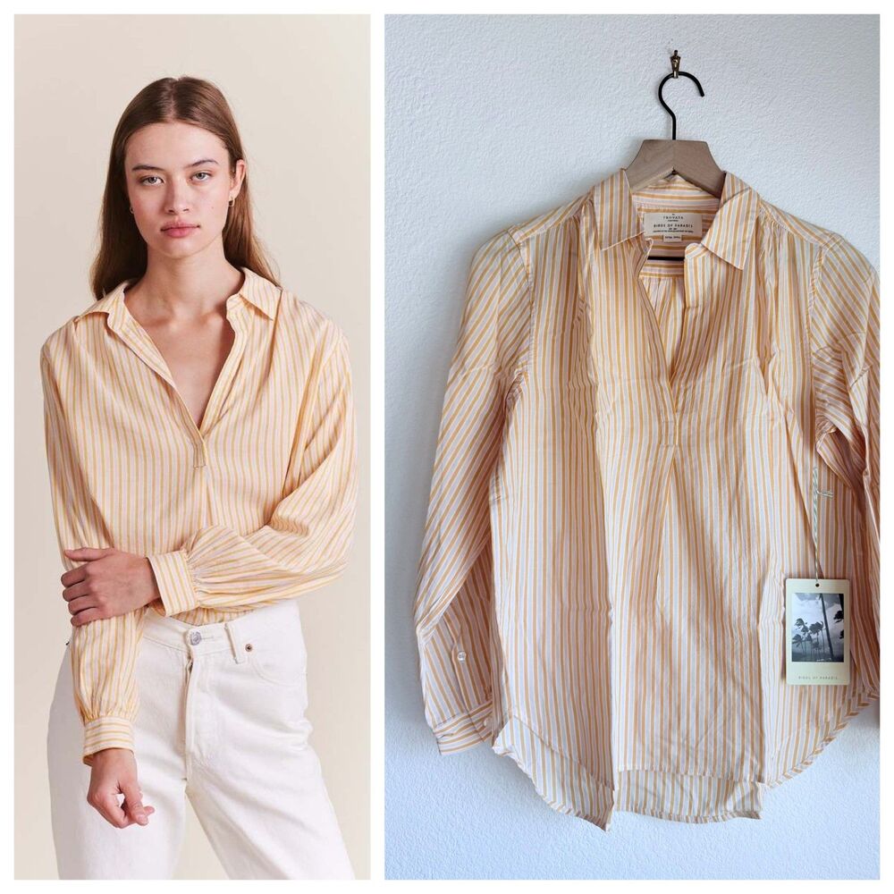 NEW Trovata Birds of Paradis Courtney Henley Blouse in Citrine Stripe Size XS